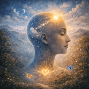 Illustration spirituelle d'un profil humain avec des étoiles et un cœur lumineux dans un paysage de montagne.