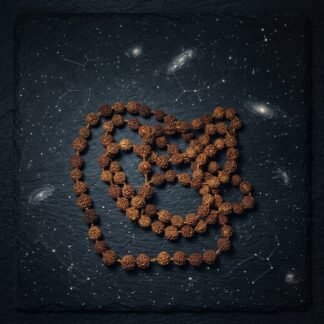 Mala de 108 perles de rudraksha posé sur une ardoise étoilée