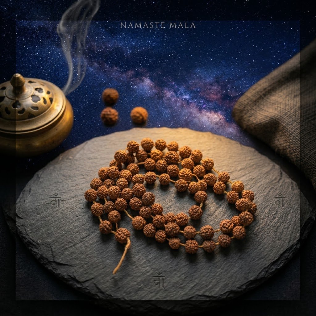 Mala de 108 perles de rudraksha sur une ardoise, près d’un brûle-encens en laiton