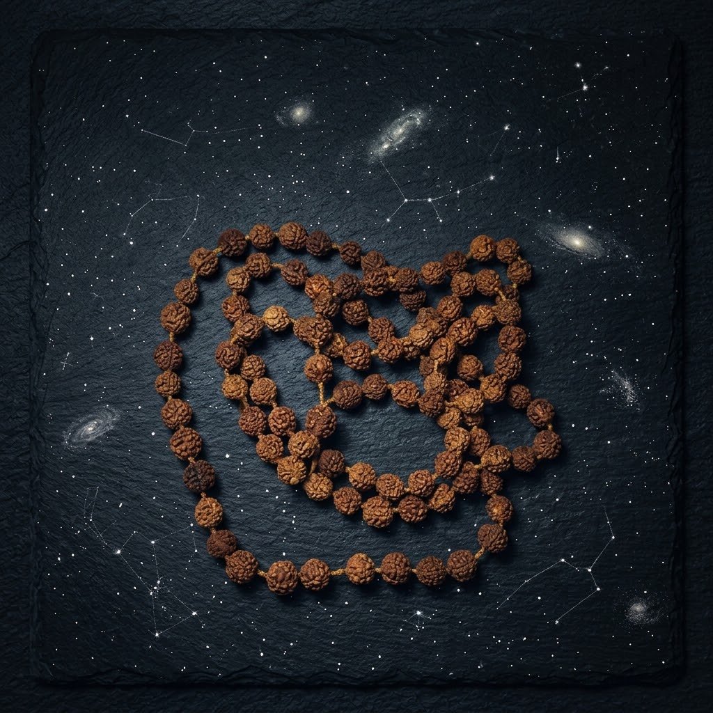 Mala de 108 perles de rudraksha posé sur une ardoise étoilée