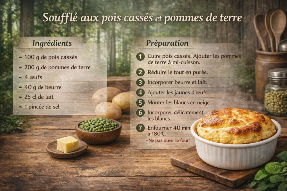 Soufflé aux pois cassés et pommes de terre dans un ramequin blanc sur une table en bois