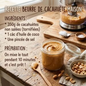 Beurre de cacahuète maison dans un bocal en verre, cacahuètes et robot mixeur sur une table en bois